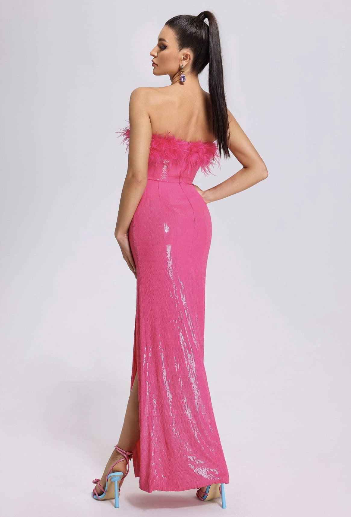 Glossy Faux Fur Tube Top Design Hot Pink Sleeveless High Slit Cinched Formal Bodycon Maxi Dress