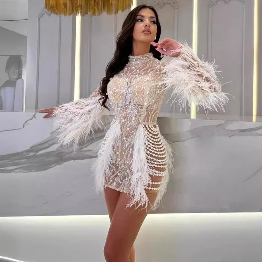 White Pearl Sequin Beaded Feather Design Hollow-Out Long Sleeve Heavy Industry Foam Formal Mini Party Dress