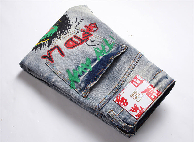 Men's Hip-Hop Denim Faded Airbrush Graffiti Print Ruched Button Fly Skinny Jeans
