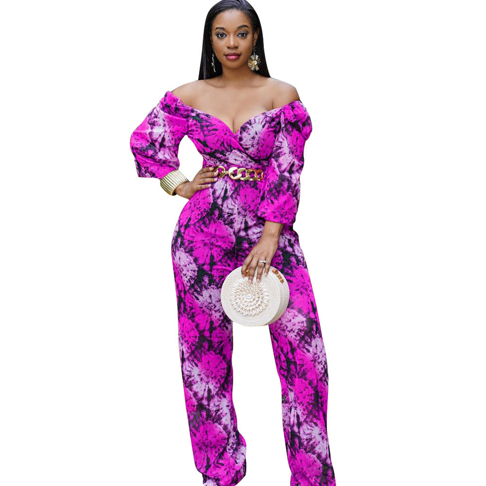 Floral Print Puff Sleeve Off-the-Shoulder V-Neck Long Sleeve Jumpsuit