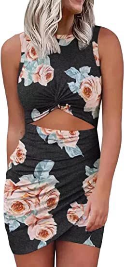 Ruched Tie-Dye/Leopard/Flower/Gradient Colorblock/Tropical Round Neck Hollow-Out Pullover Sleeveless Dress