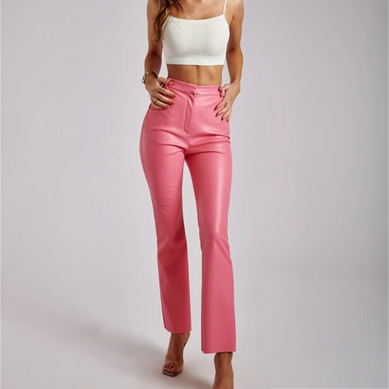 PU Leather Women's Solid Color Trouser Pants