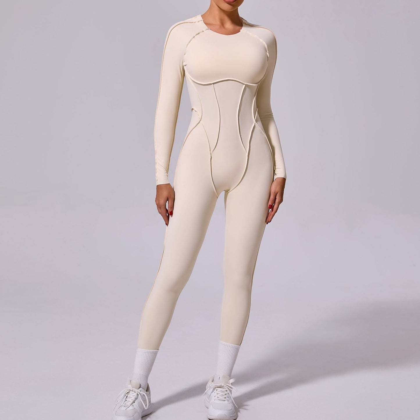 Backless Hollow-Out Design Skin Tight Solid Color Long Sleeve Women's Fitness Jumpsuit