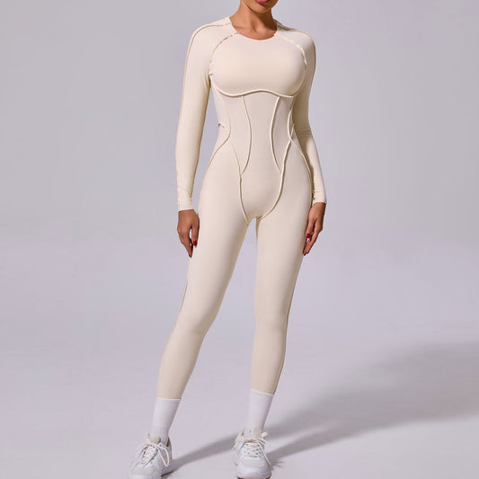 Backless Hollow-Out Design Skin Tight Solid Color Long Sleeve Women's Fitness Jumpsuit