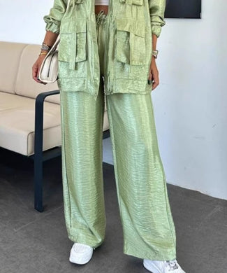 Cargo Multi-Pocketed Women's Button-Up Streetwear Jacket + Drawstring Pants Solid Color 2-Piece Set