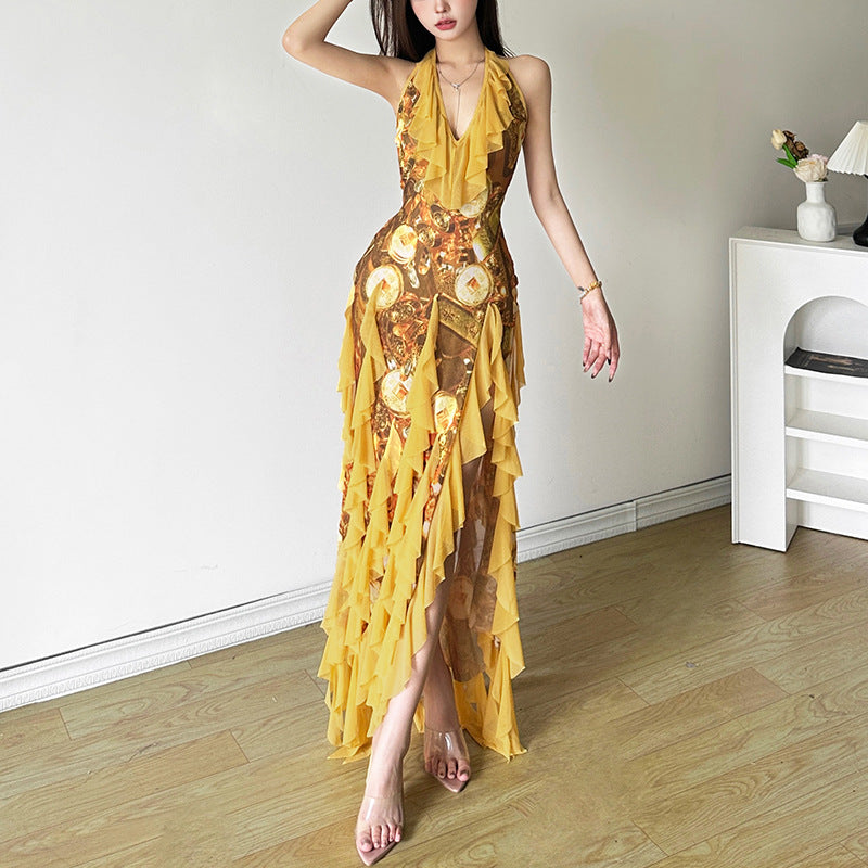 Yellow Tassel Fringe Ruffled Design Halter Deep V-Neck Sleeveless Maxi Dress
