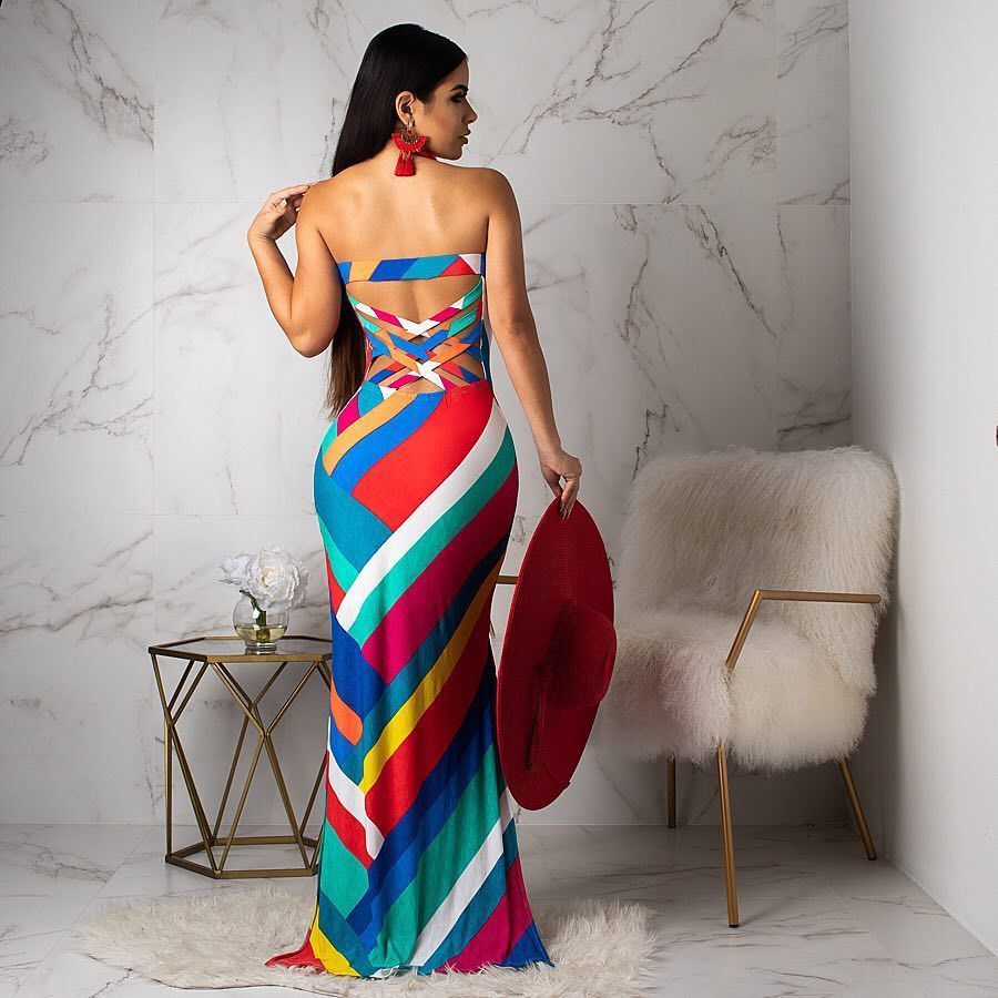 Rainbow Striped Colorblock Print Criss-Cross Back Tube Maxi Dress