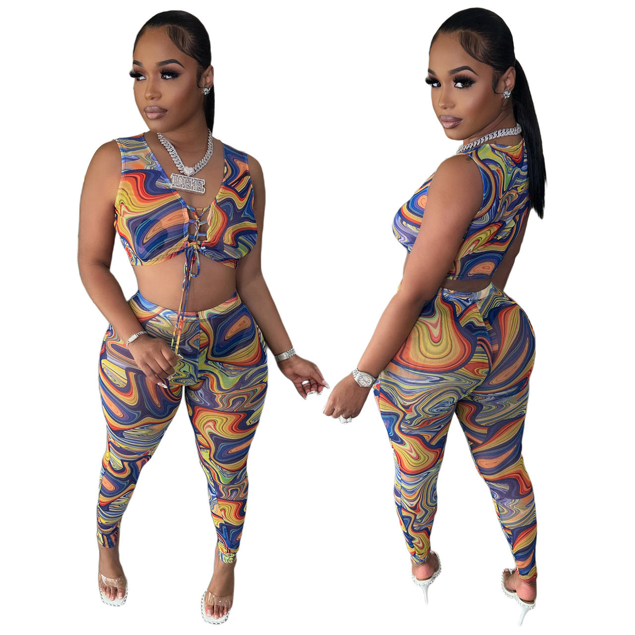 Swirl Print Sleeveless Lace-Up Women's Crop Top + Skinny Leggings 2-Piece Set