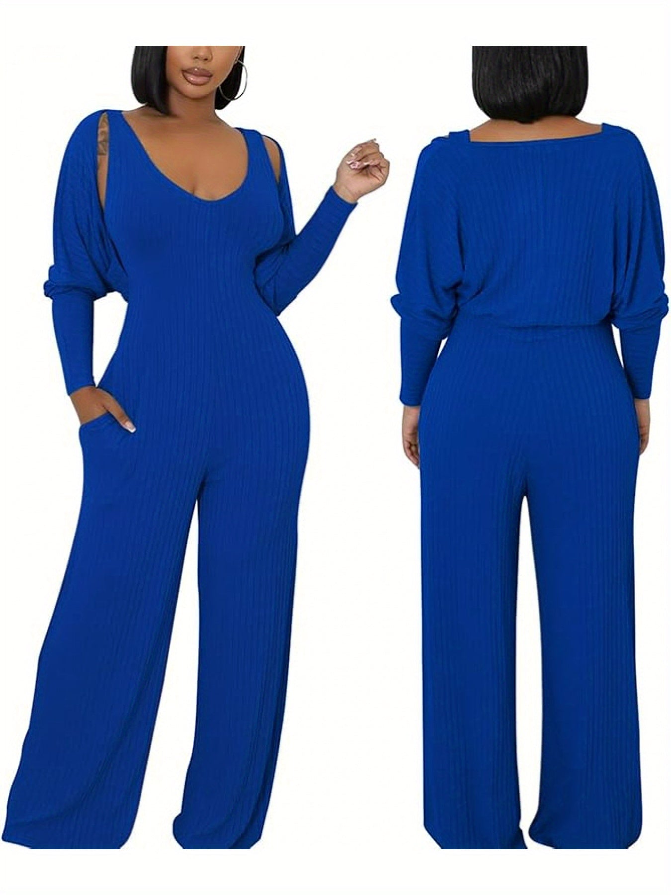 Ribbed Knitted Solid Color Batwing Sleeve Blazer + U-Neck Women's Sleeveless Jumpsuit 2-Piece Set