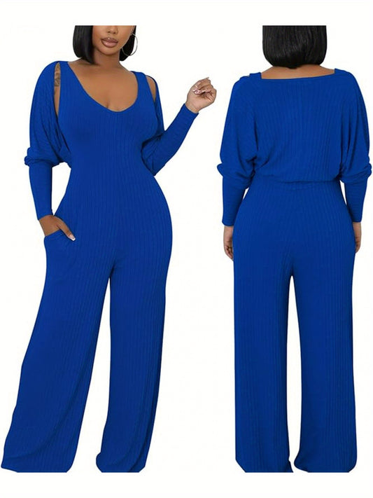 Ribbed Knitted Solid Color Batwing Sleeve Blazer + U-Neck Women's Sleeveless Jumpsuit 2-Piece Set