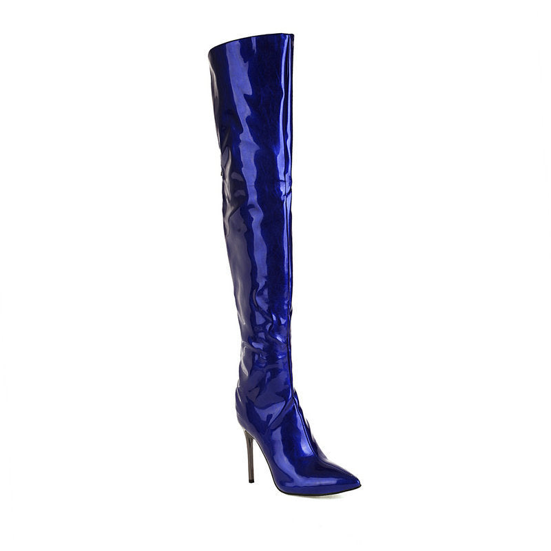 Solid/Leopard Women's Bright Leather Pointed Toe Metal Stiletto Heel Over-the-Knee Boots