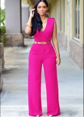 Ruched Sleeveless Deep V-Neck Solid Color Women's Jumpsuit