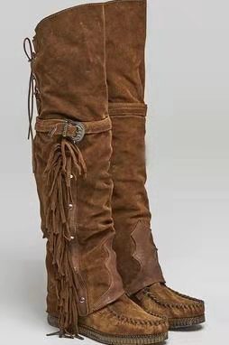 Western Tassel Fringe Design Suede Women's Knee High Flat Moccasin Boots