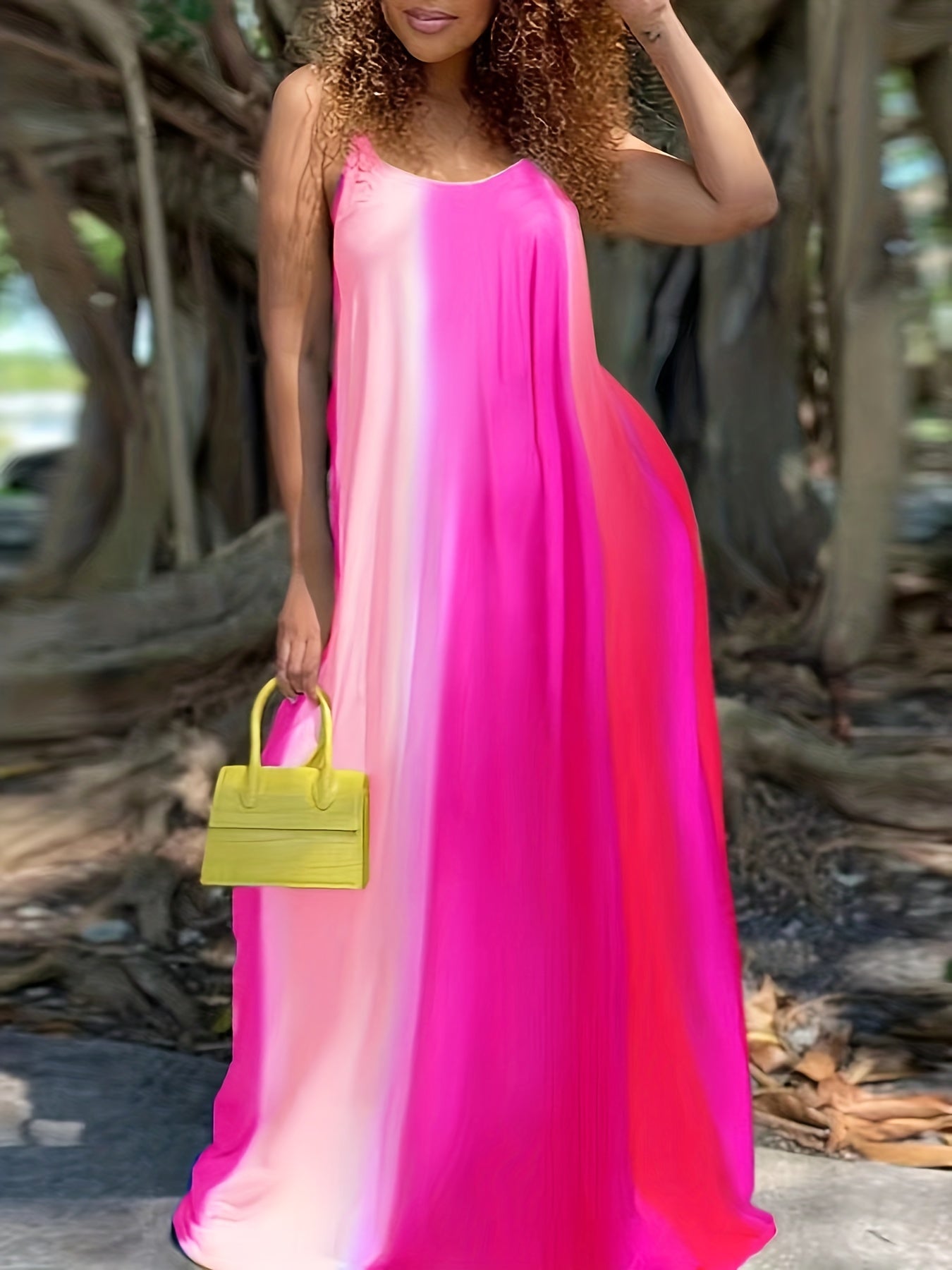 Oversized Tie-Dye Striped Colorblock V Neck Flowing Spaghetti Strap Slingback Maxi Dress to 8X Plus Size