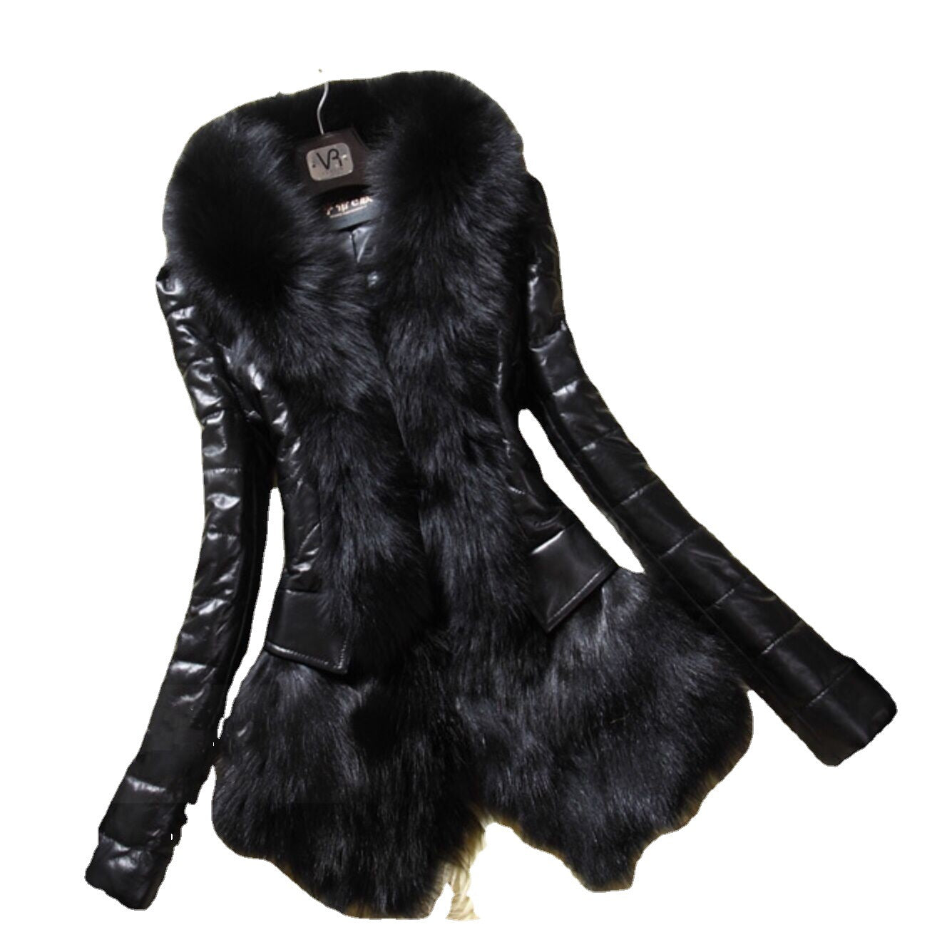 Black Shiny PU Leather Faux Fur Collar Women's Jacket