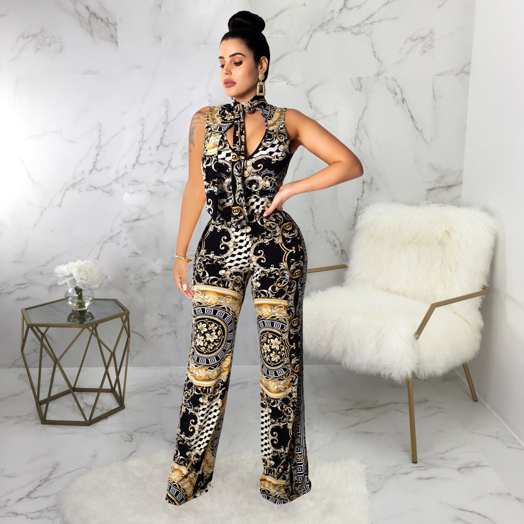 Baroque Yellow/White/Black Print Sleeveless Cut-Out Neckline Women's Jumpsuit