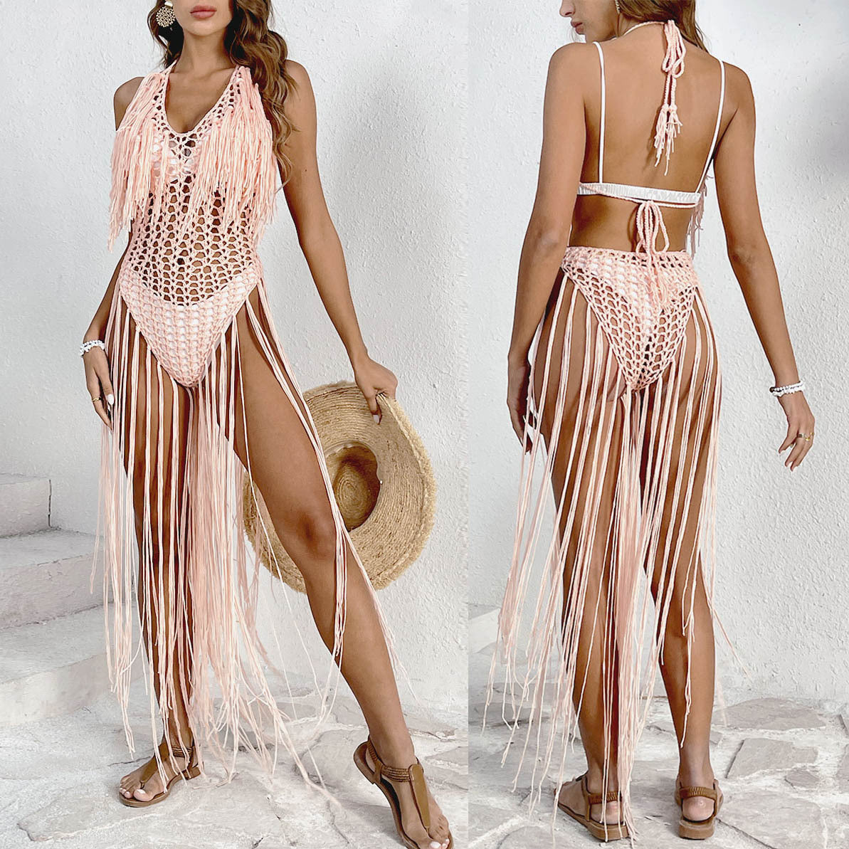 Handmade Crochet Tassel Fringe Detail Sleeveless Swimsuit Cover-Up Dress