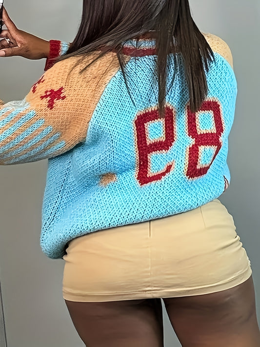 Cropped Oversized Long Sleeve Zipper Knitted Women's Letterman Varsity Cardigan Sweater Jacket