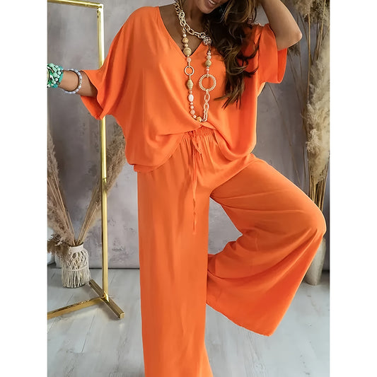 Solid Color V-Neck Half Sleeve Women's T-Shirt + Wide Leg Pants 2-Piece Set
