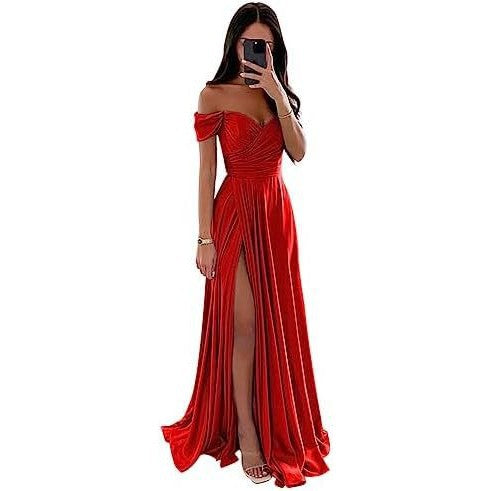Off-the-Shoulder Corset Design Cinched Waist Solid Color Temperament Bridesmaid/Party Formal Maxi Dress