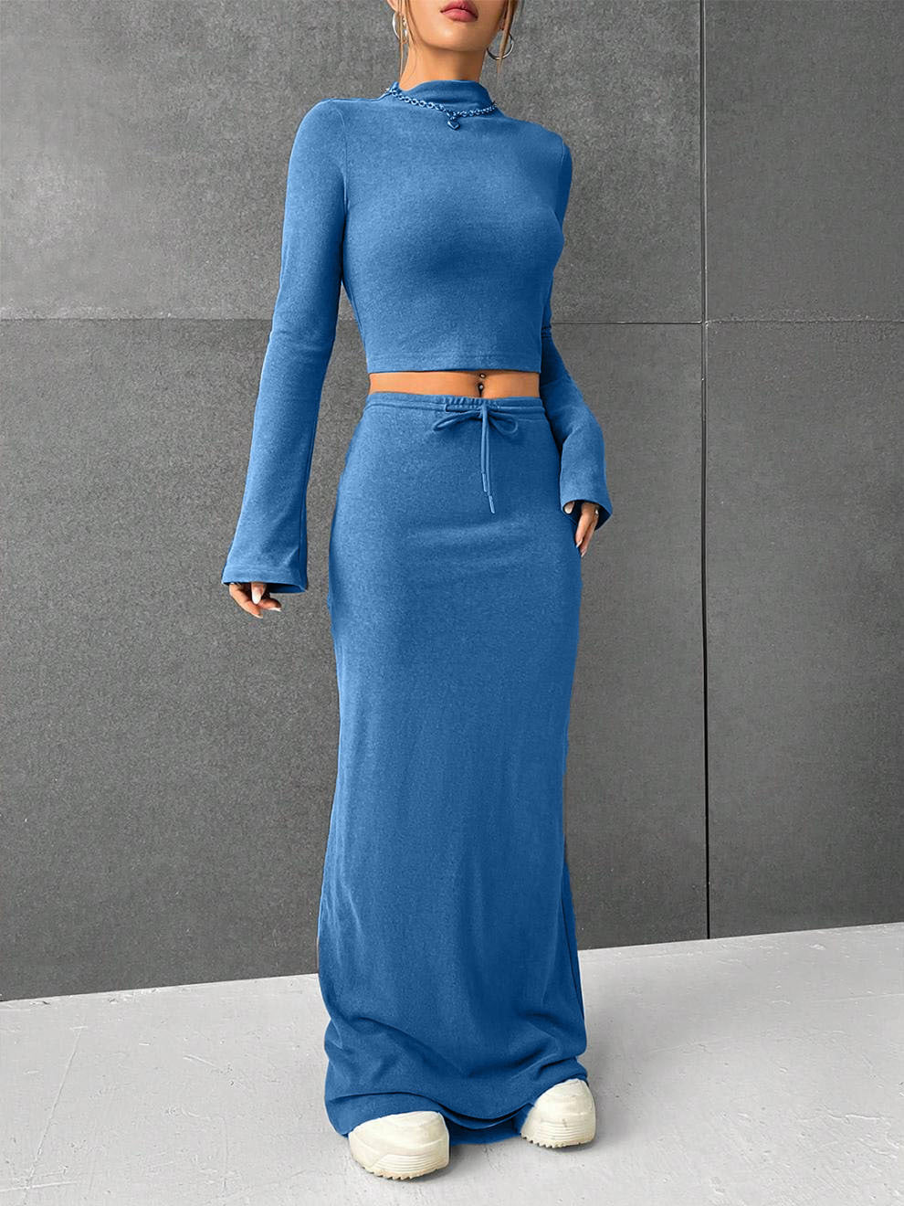Casual Solid Color Long Sleeve Crop Top + Maxi Skirt Women's 2-Piece Set