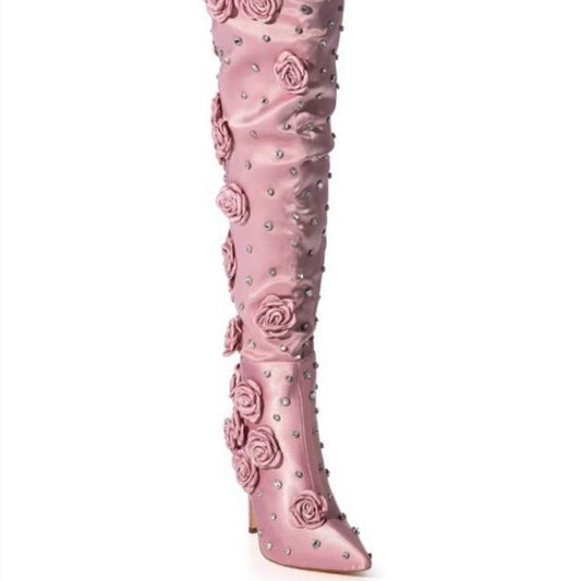 Pink Rose Flower Embroidered Rivet Design Silk Cloth Women's Over-the-Knee Boots