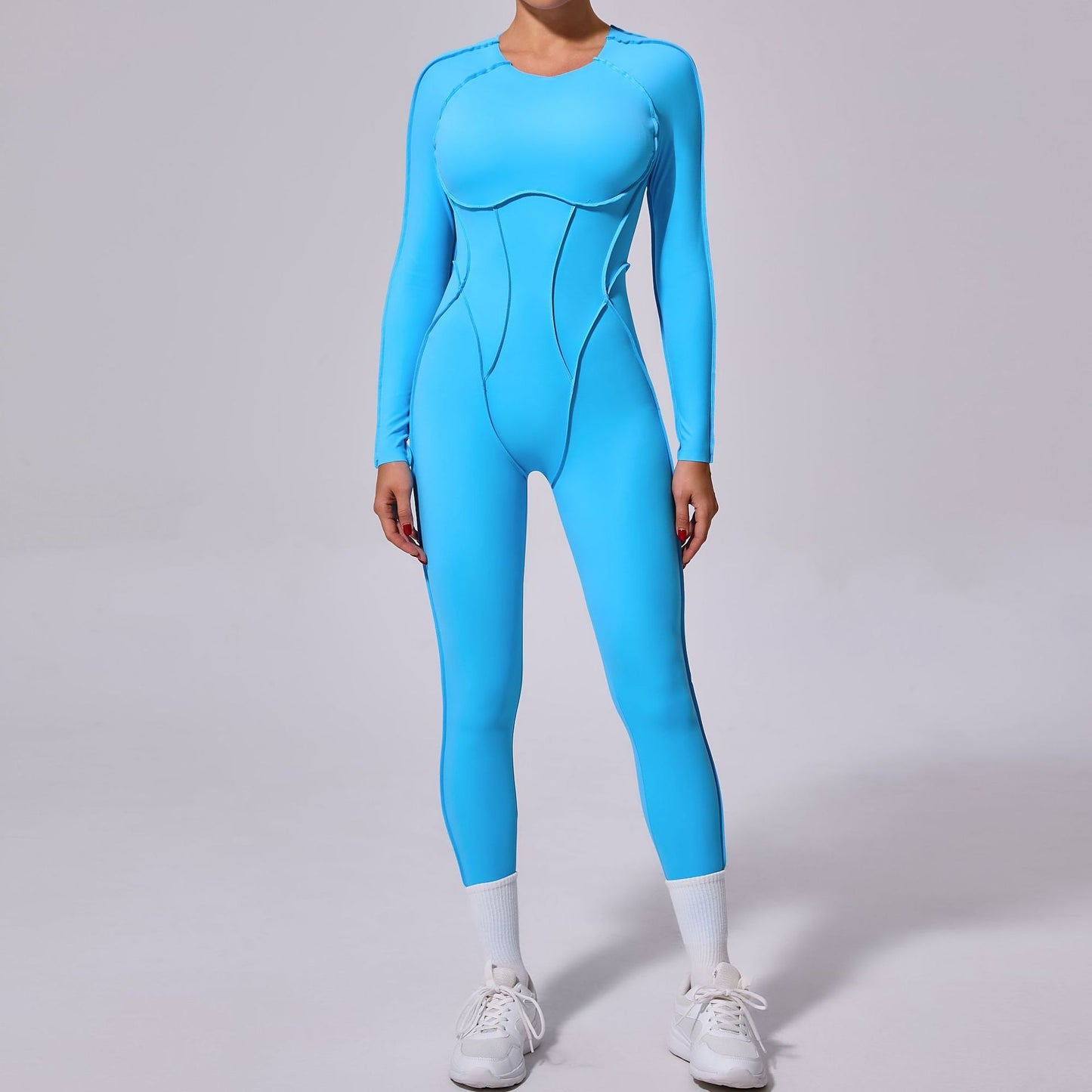 Backless Hollow-Out Design Skin Tight Solid Color Long Sleeve Women's Fitness Jumpsuit