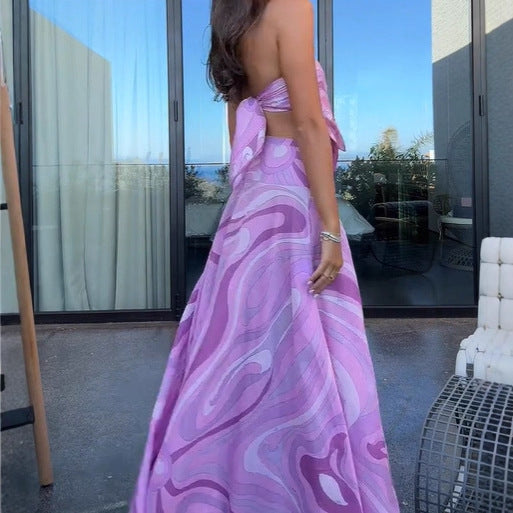 Lavender Purple Geometric Print Women's Tube Top + Oversized Flared Maxi Skirt 2-Piece Set
