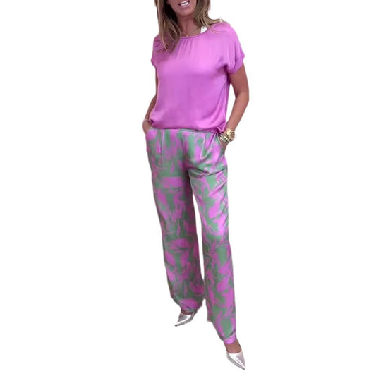 O-Neck Short Sleeve Women's Solid Color T-Shirt + Tie-Dye Trouser Pants 2-Piece Set