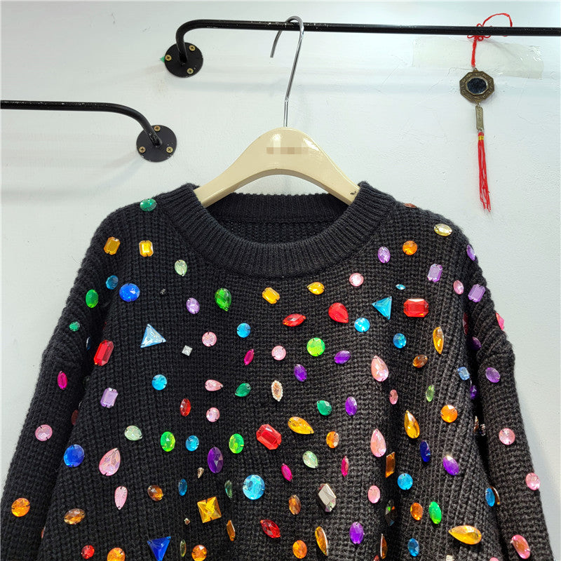 Ribbed Rainbow Color Diamond Hot Drill Embellished Women's Long Sleeve O-Neck Sweater