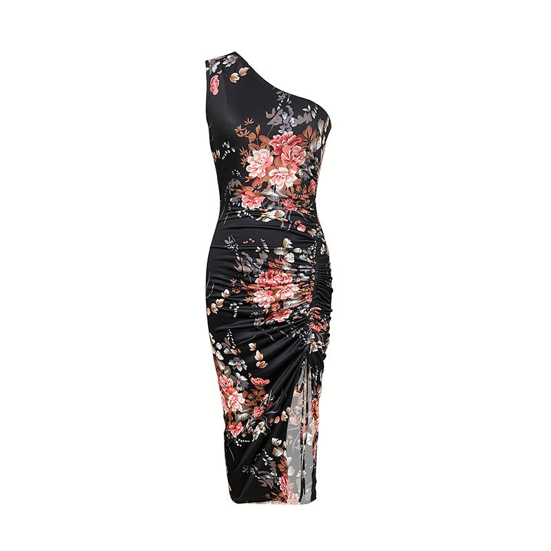 Ruched Floral Print One Shoulder Bodycon High Slit Maxi Dress