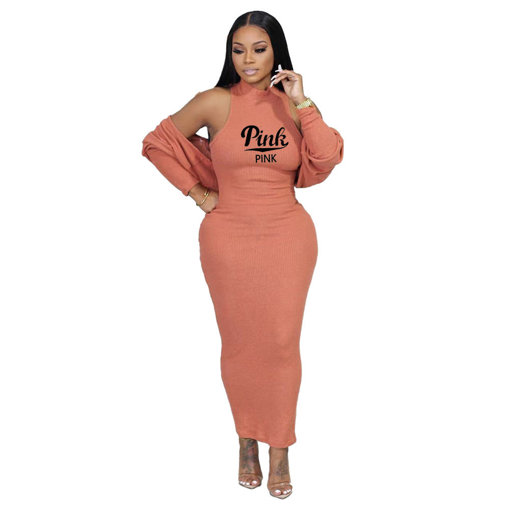 "Pink" Ribbed Knitted Women's Cardigan + Sleeveless Maxi Dress 2-Piece Set