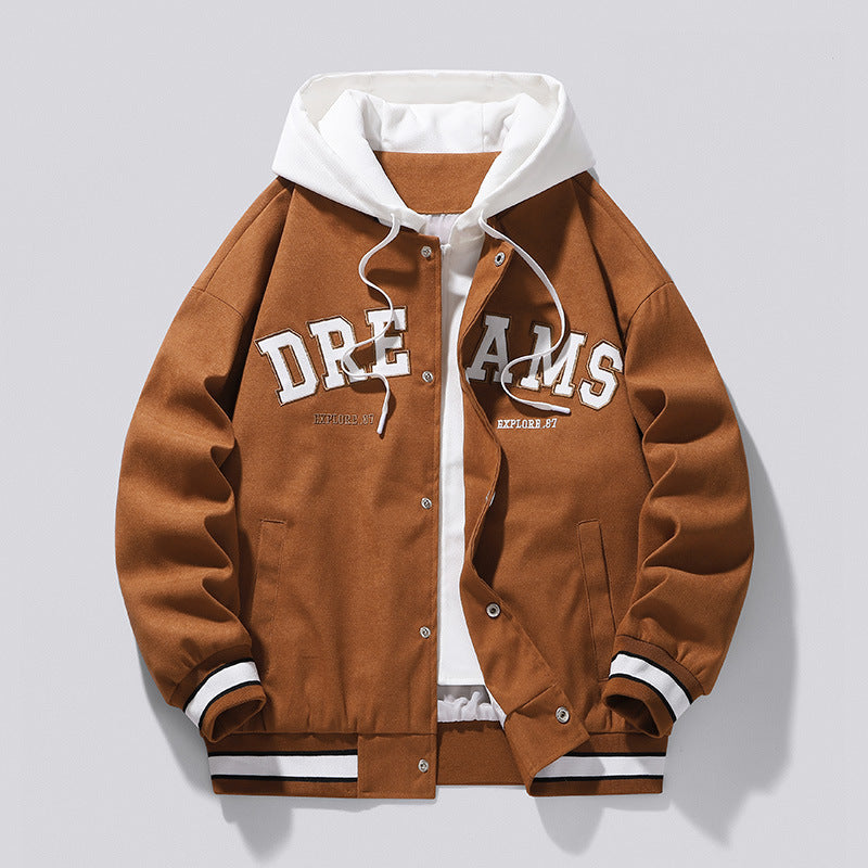 Men's Drawstring "DREAMS" Colorblock Print Button-Up Hip-Hop Hoodie Jacket