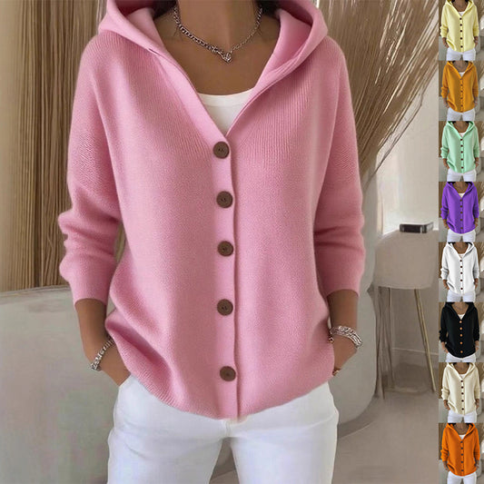 Button-Up Solid Color Knitted Women's Hoodie Cardigan Sweater to 5X Plus Size