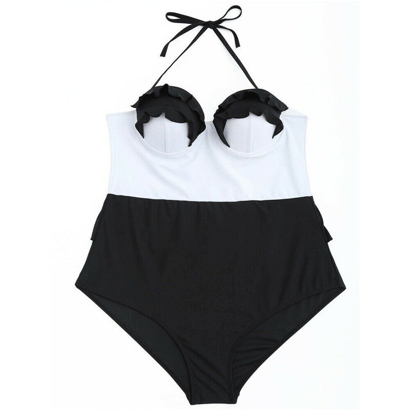 Black/White Lace Colorblock Camisole Spaghetti Strap Women's One-Piece Swimsuit to 4X Plus Size
