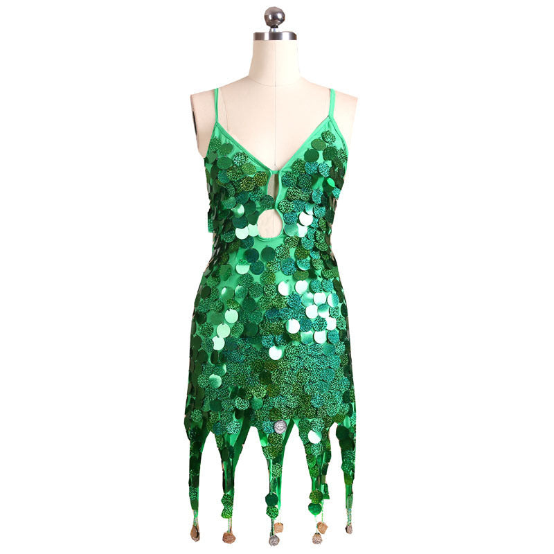 Sleeveless Metallic Sequin Hanging Tassel Design Spaghetti Strap Latin Salsa Dancer Formal Mini Dress
