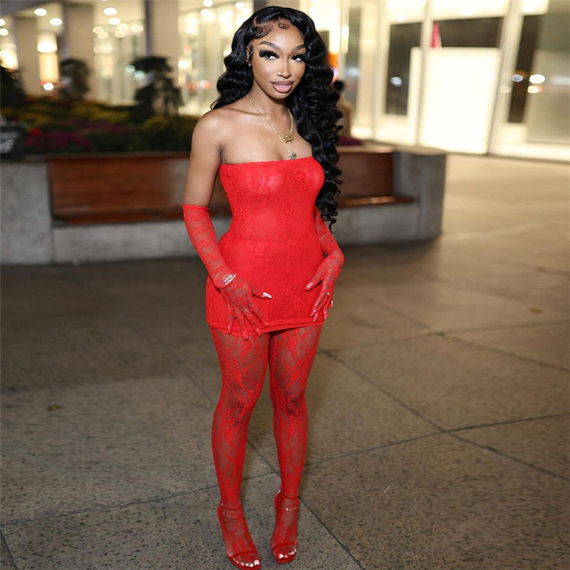 Lace Sleeveless Strapless Tube Top High Waist Skin Tight Stocking Jumpsuit