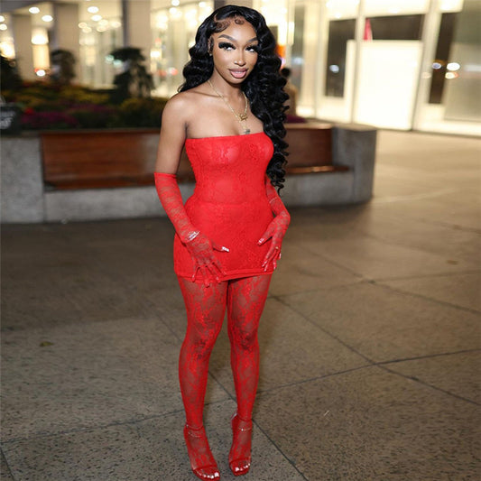 Lace Sleeveless Strapless Tube Top High Waist Skin Tight Stocking Jumpsuit