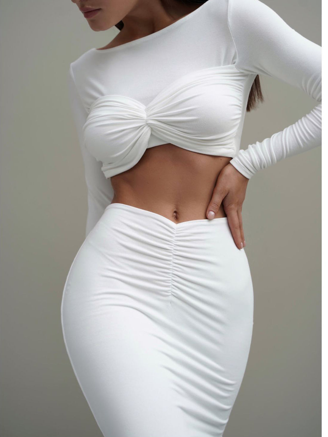 White Ruched Long Sleeved Crop Top & Shirred Maxi Skirt Women's 2-Piece Set