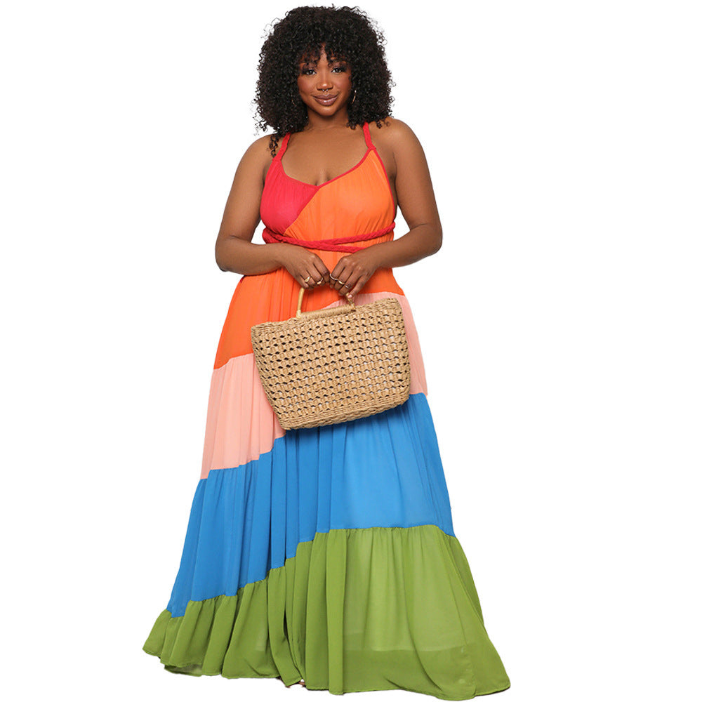 Chiffon Diagonal Colorblock Striped Print Spaghetti Strap V-Neck Maxi Sundress