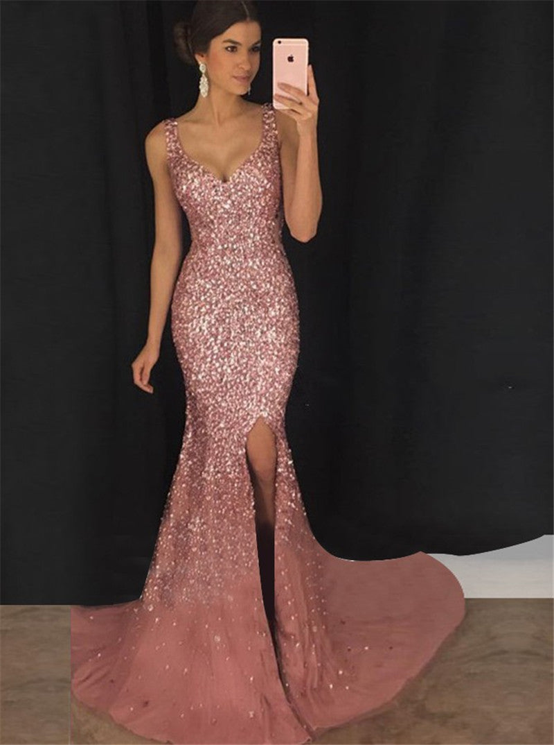 Pink Sequin Sparkling Glitter Spaghetti Strap Floor Length Formal Party/Prom Maxi Dress