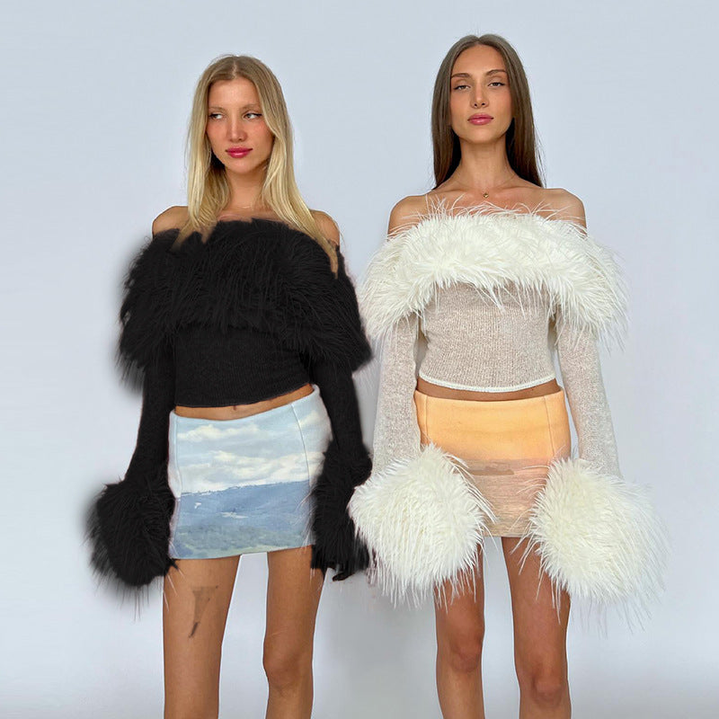 Knitted Faux Fur Collar Solid Color Off-the-Shoulder Long Furry Sleeve Women's Sweater