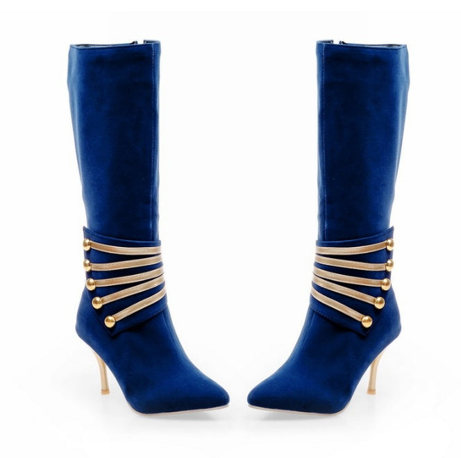 Stud Gold Strap Design Pointed Toe Side Zipper Women's Knee-High Boots