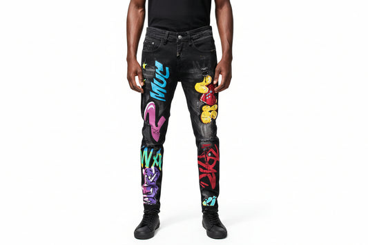 Men's Denim Black Faded Painted Airbrush Graffiti Heart Print Skinny Jeans