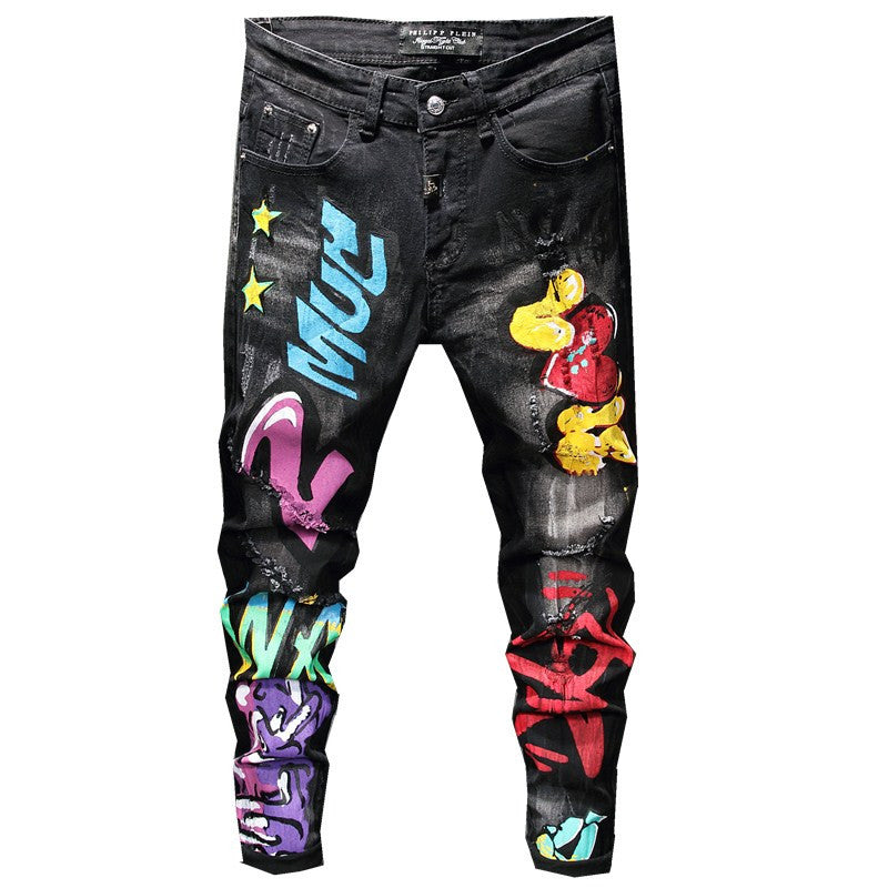 Men's Denim Black Faded Painted Airbrush Graffiti Heart Print Skinny Jeans