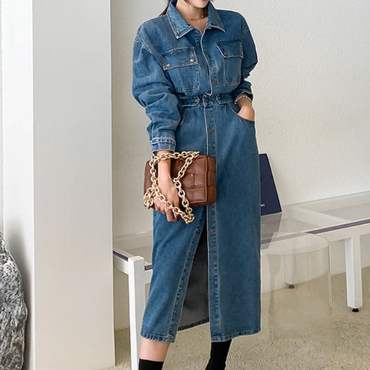 Denim Blue Double Pocket Design Turn-Down Collar Long Sleeve High Slit Maxi Jean Dress