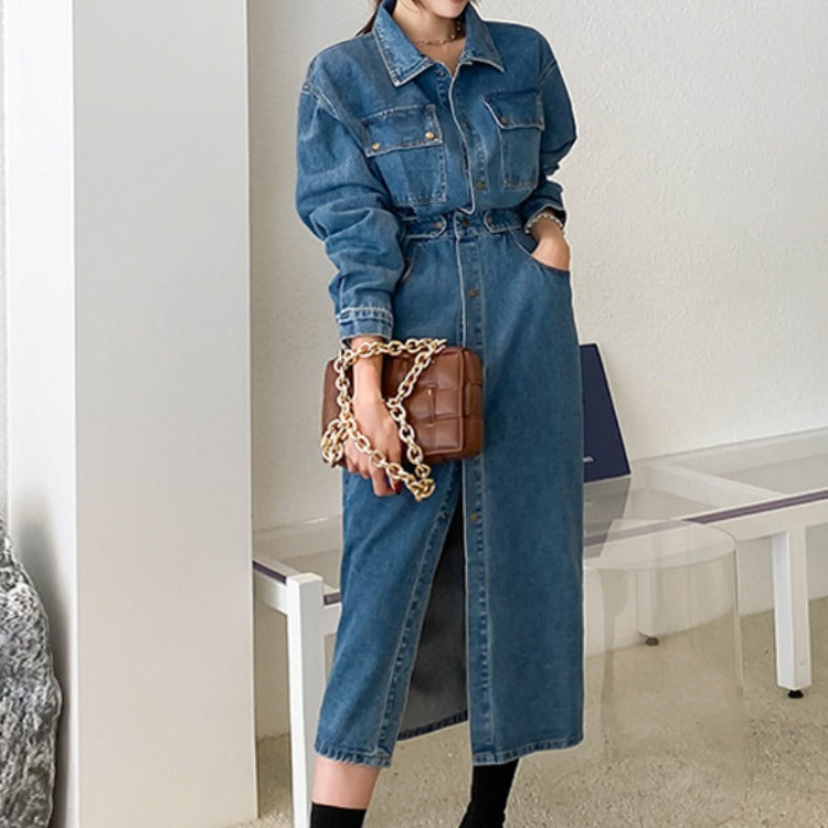Denim Blue Double Pocket Design Turn-Down Collar Long Sleeve High Slit Maxi Jean Dress