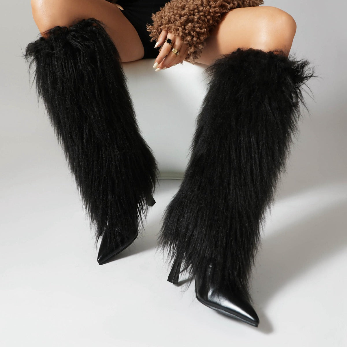 Shaggy Faux Fur Streetwear Tassel Fringe Pattern Stiletto Heel Women's Knee-High Boots