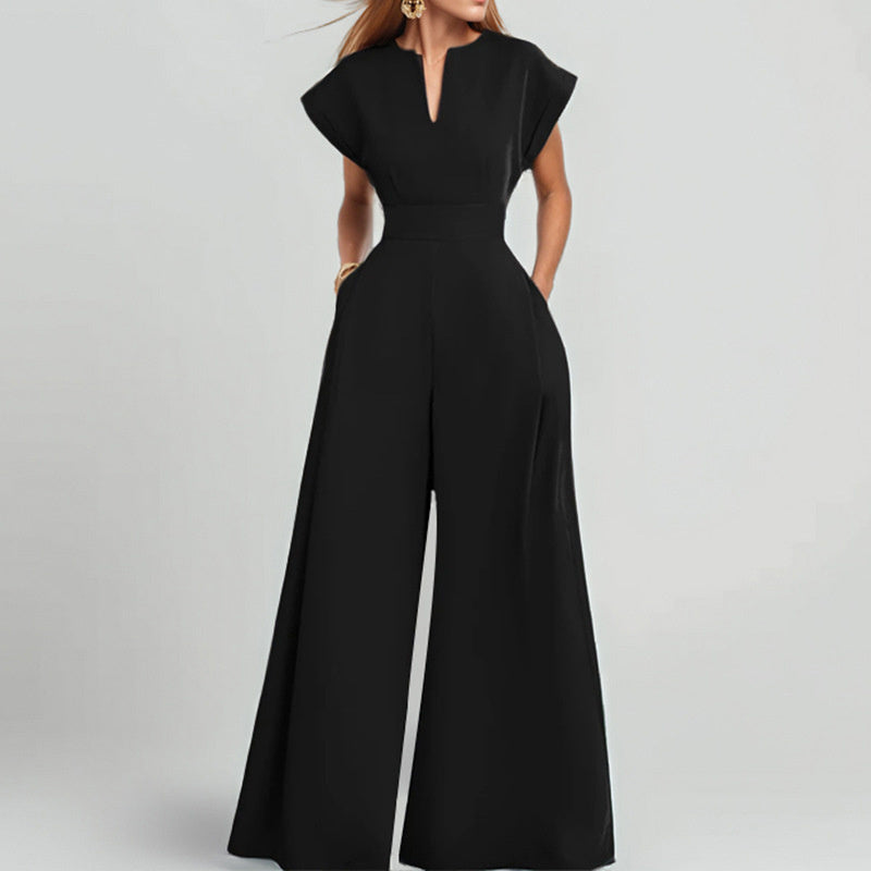 Women's V-Neck Solid Color Short Sleeve Wide Leg A-Line High Waist Jumpsuit to 3X Plus