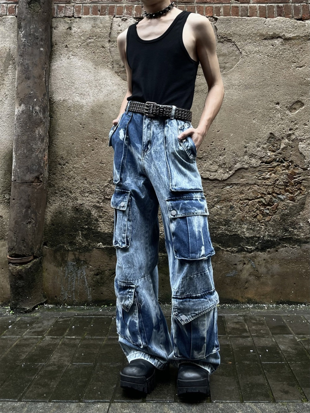 Men's Dark Blue/Grey Tie-Dye Retro Colorblock Baggy Hip-Hop Multi-Pocketed Wide Leg Cargo Jeans